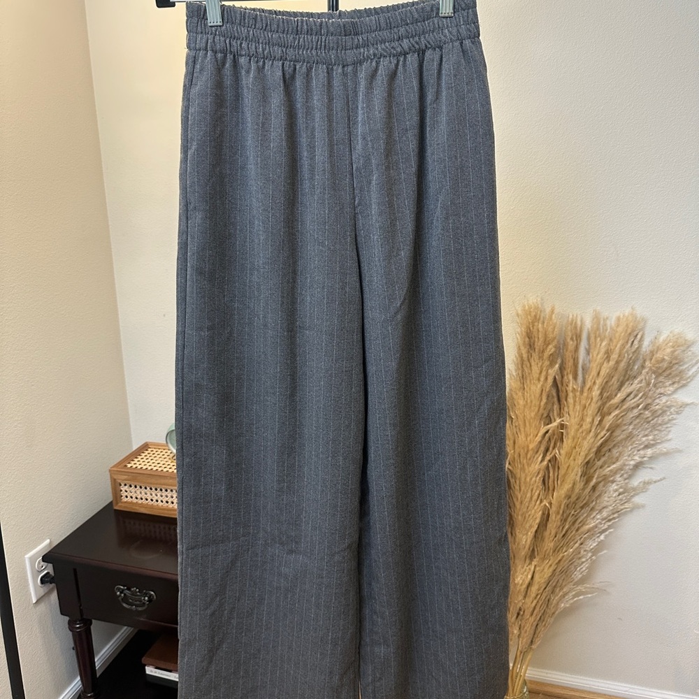 Zara wide leg grey pinstripe trousers.